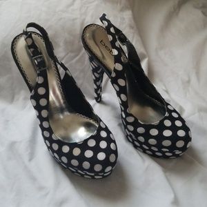 bebe sling back polka dot heels